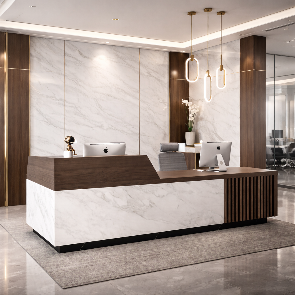 Modern Reception Table with Marble Texture, Premium Design for Corporate Offices, Hotels & Commercial Reception Areas