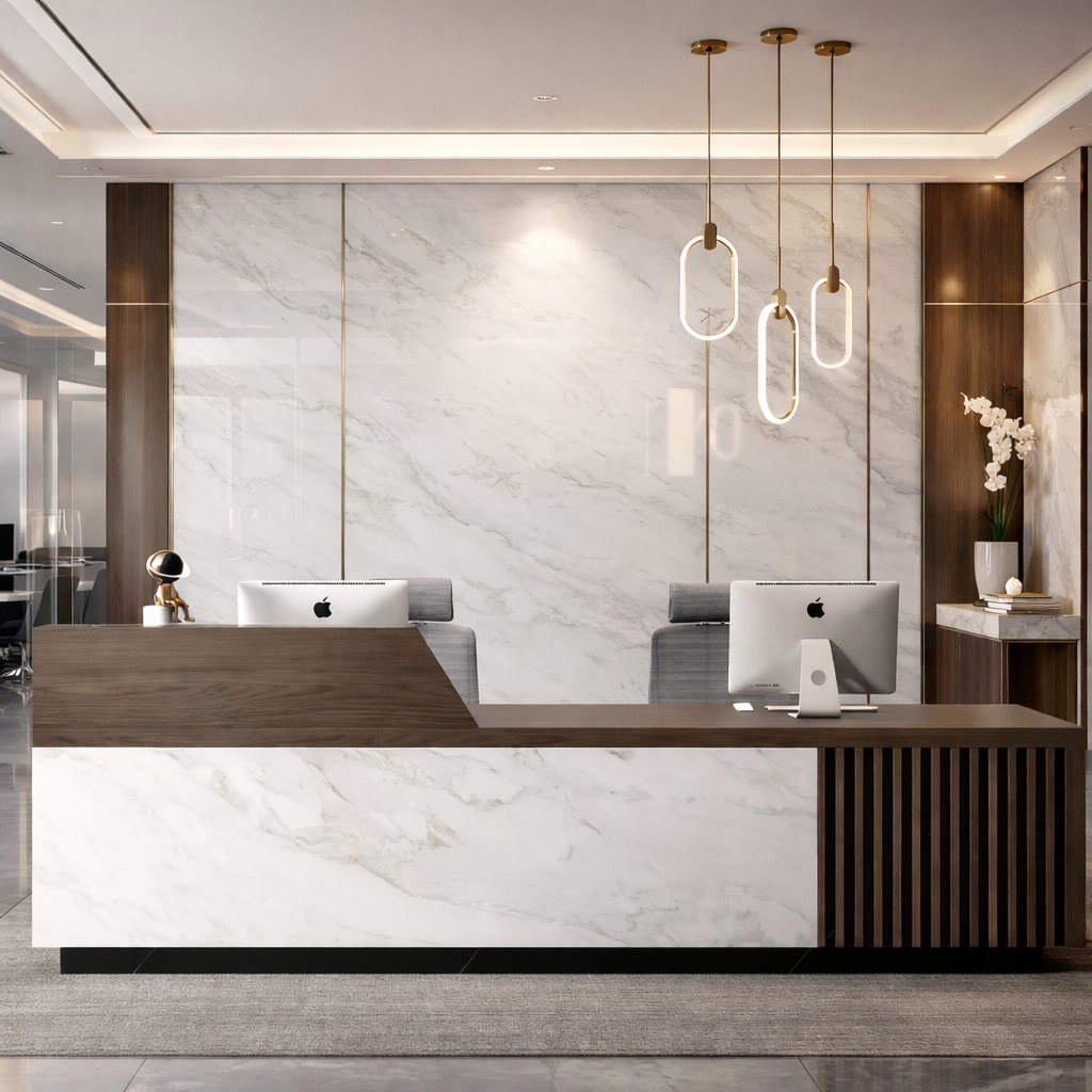 Modern Reception Table with Marble Texture, Premium Design for Corporate Offices, Hotels & Commercial Reception Areas