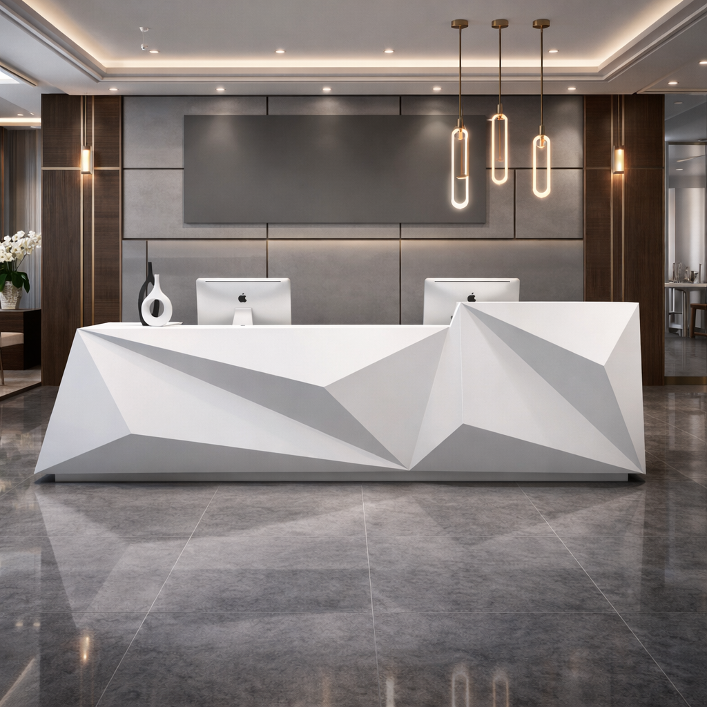 Modern Geometric White Reception Table with 3D Faceted Design, Solid Surface Finish, Dual Workstation for Corporate Offices