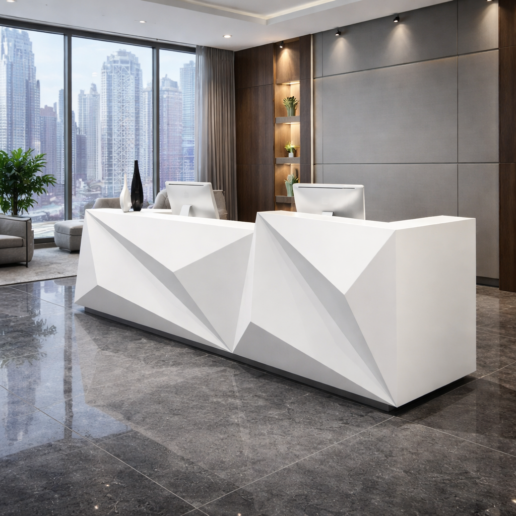 Modern Geometric White Reception Table with 3D Faceted Design, Solid Surface Finish, Dual Workstation for Corporate Offices
