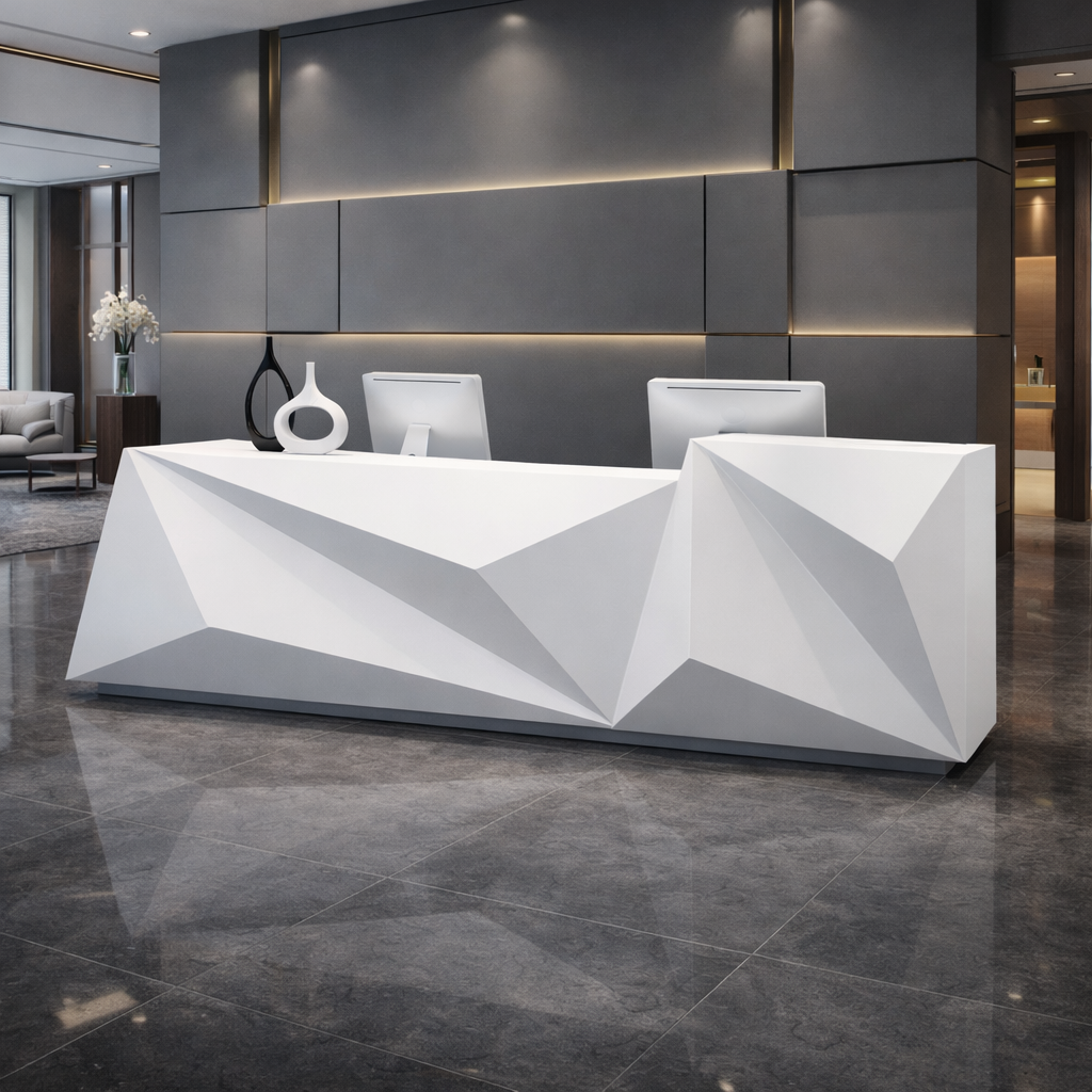 Modern Geometric White Reception Table with 3D Faceted Design, Solid Surface Finish, Dual Workstation for Corporate Offices