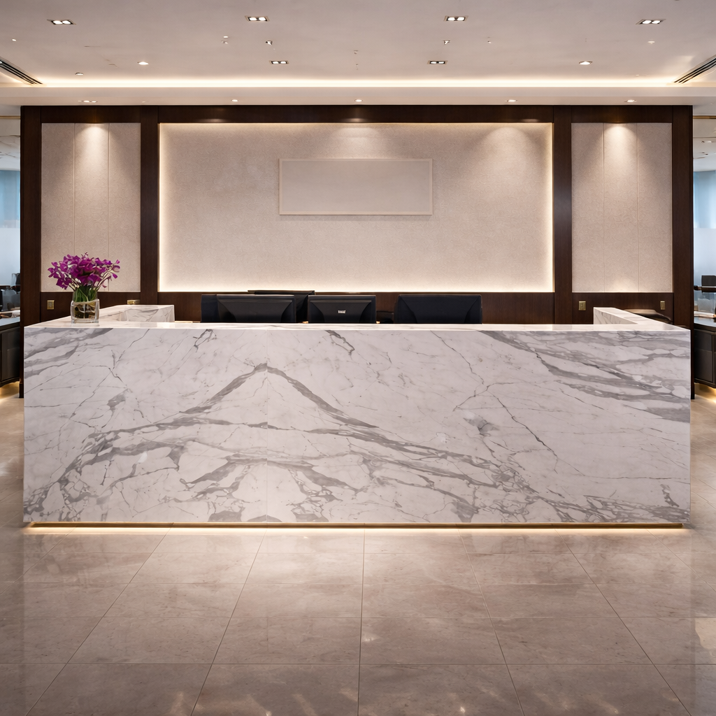 Luxury  Reception Table with Full Marble Finish, Minimal Design & Solid Construction for Corporate Office