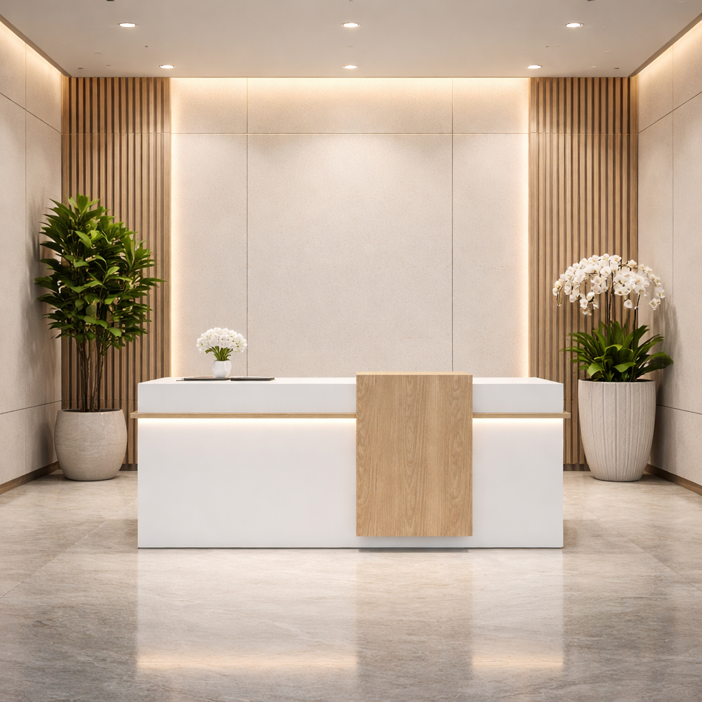 Modern White Reception Table with Wooden Centre Panel, Integrated Storage, for Corporate Offices, Clinics, Studios, Commercial Reception Areas