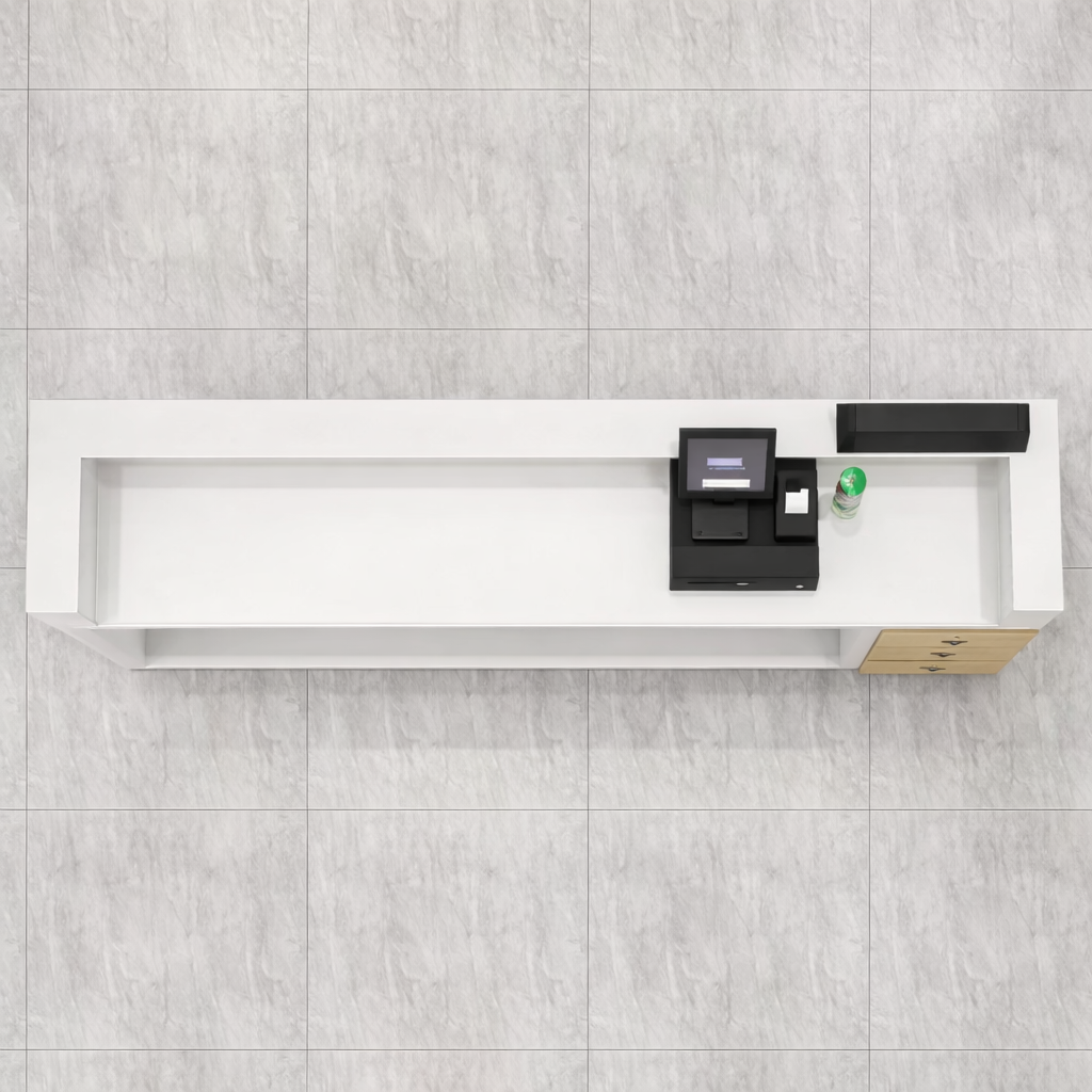 Modern White Reception Table with Wooden Centre Panel, Integrated Storage, for Corporate Offices, Clinics, Studios, Commercial Reception Areas
