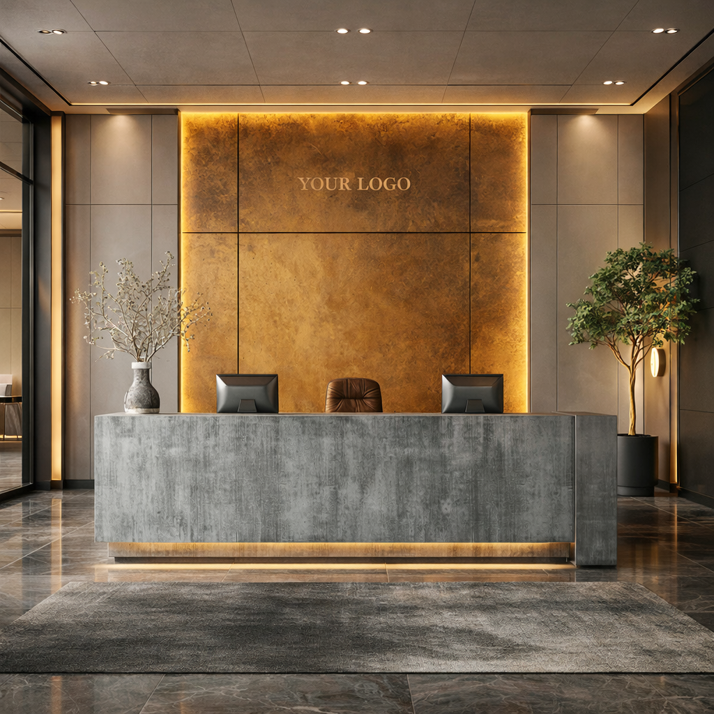 Luxury Modern Office Reception Table with Concrete Finish Front Panel, Warm Backlit – Premium Corporate Reception Desk Design