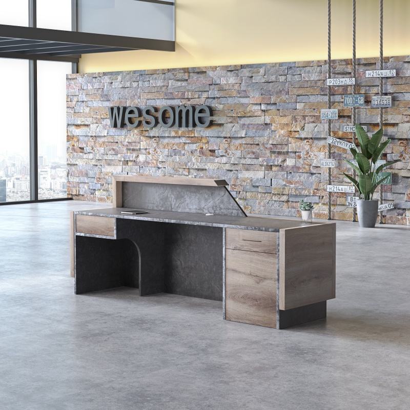 Modern Wooden Reception Table with Concrete Finish Base, Minimal Design & Spacious Working Counter for Corporate Offices