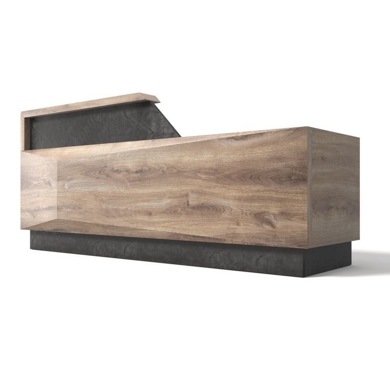 Modern Wooden Reception Table with Concrete Finish Base, Minimal Design & Spacious Working Counter for Corporate Offices