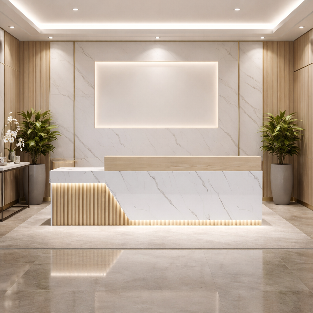 Modern Office Reception Table with White Marble Finish, Wooden Countertop & Vertical Fluted LED Panel – Premium Minimal Reception Desk Design