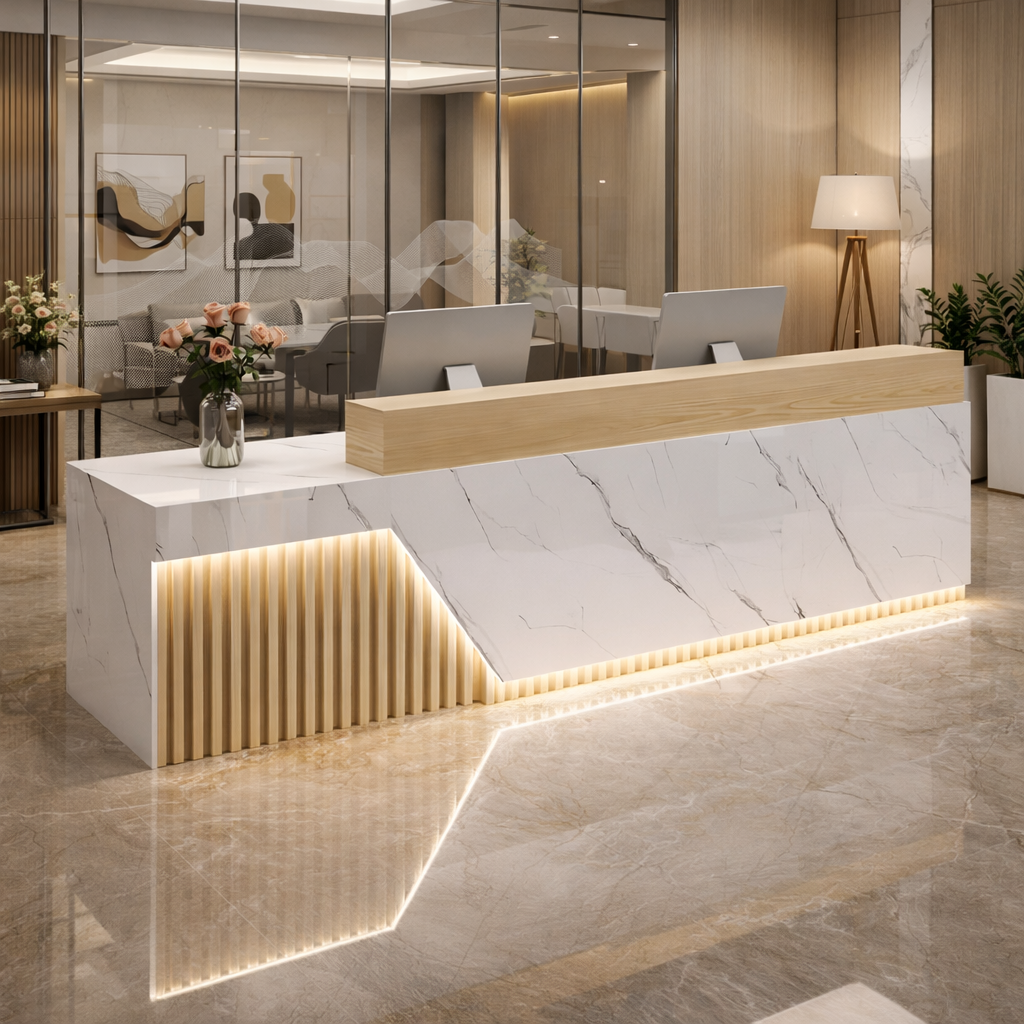 Modern Office Reception Table with White Marble Finish, Wooden Countertop & Vertical Fluted LED Panel – Premium Minimal Reception Desk Design