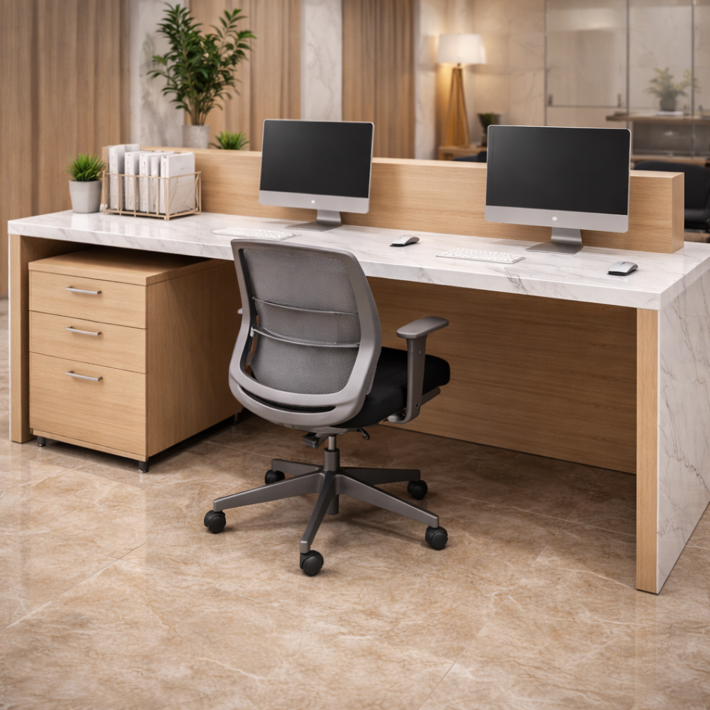 Modern Office Reception Table with White Marble Finish, Wooden Countertop & Vertical Fluted LED Panel – Premium Minimal Reception Desk Design
