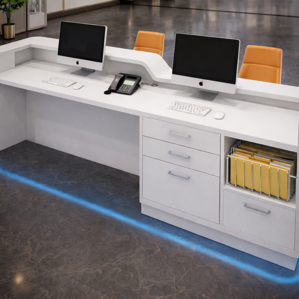 Office Reception Table with Curved White Finish & Integrated Blue LED Lighting – Modern Minimal Corporate Reception Desk Design