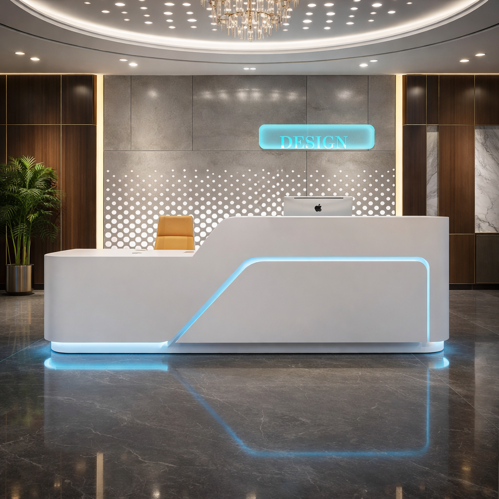 Office Reception Table with Curved White Finish & Integrated Blue LED Lighting – Modern Minimal Corporate Reception Desk Design