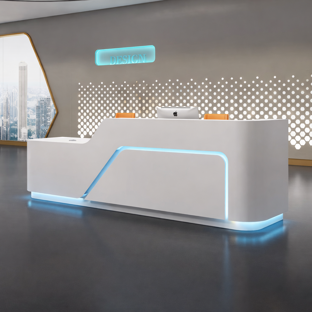 Office Reception Table with Curved White Finish & Integrated Blue LED Lighting – Modern Minimal Corporate Reception Desk Design