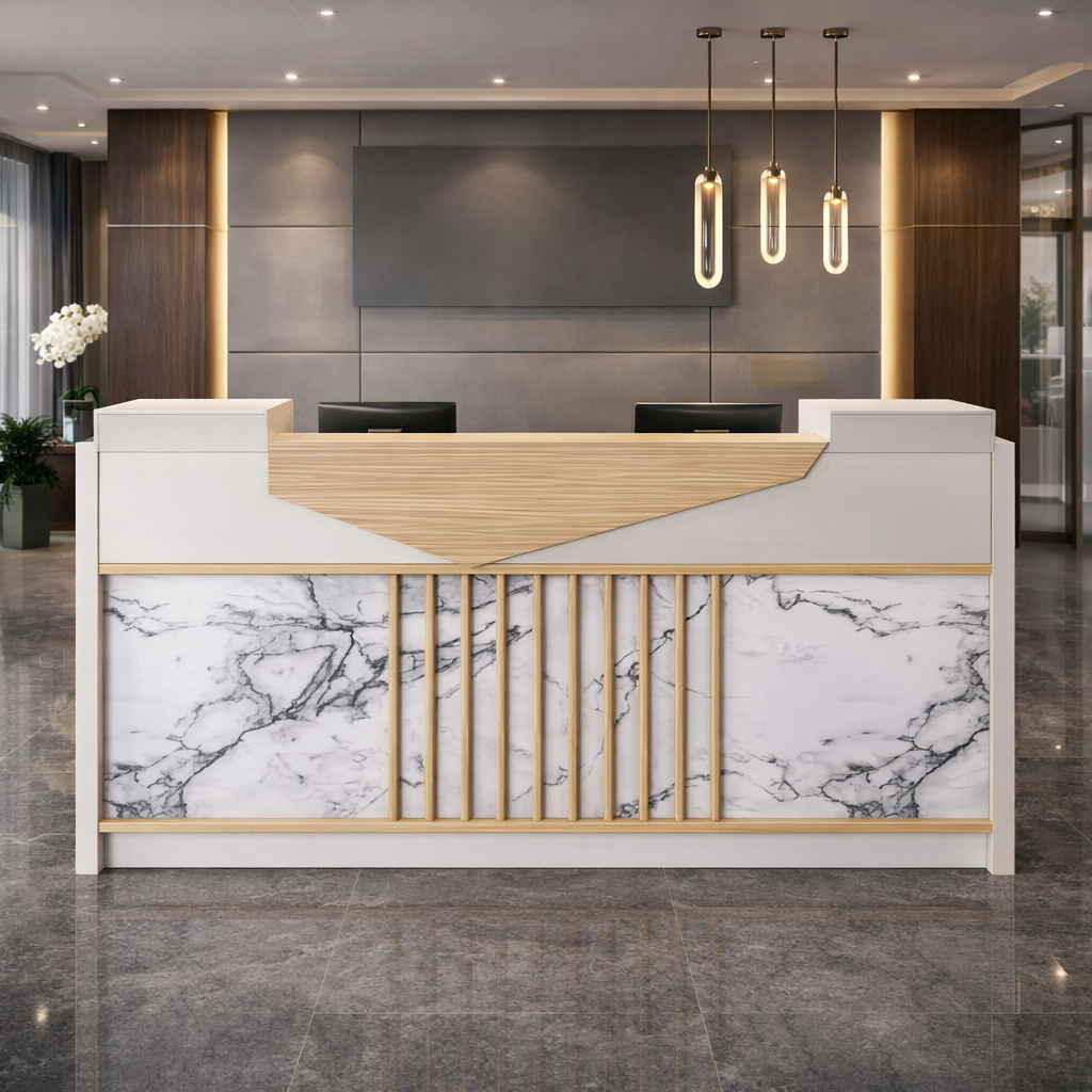 Modern Marble Reception Table with Wooden Slat Front, Premium Finish, Spacious Work Counter for Corporate Offices