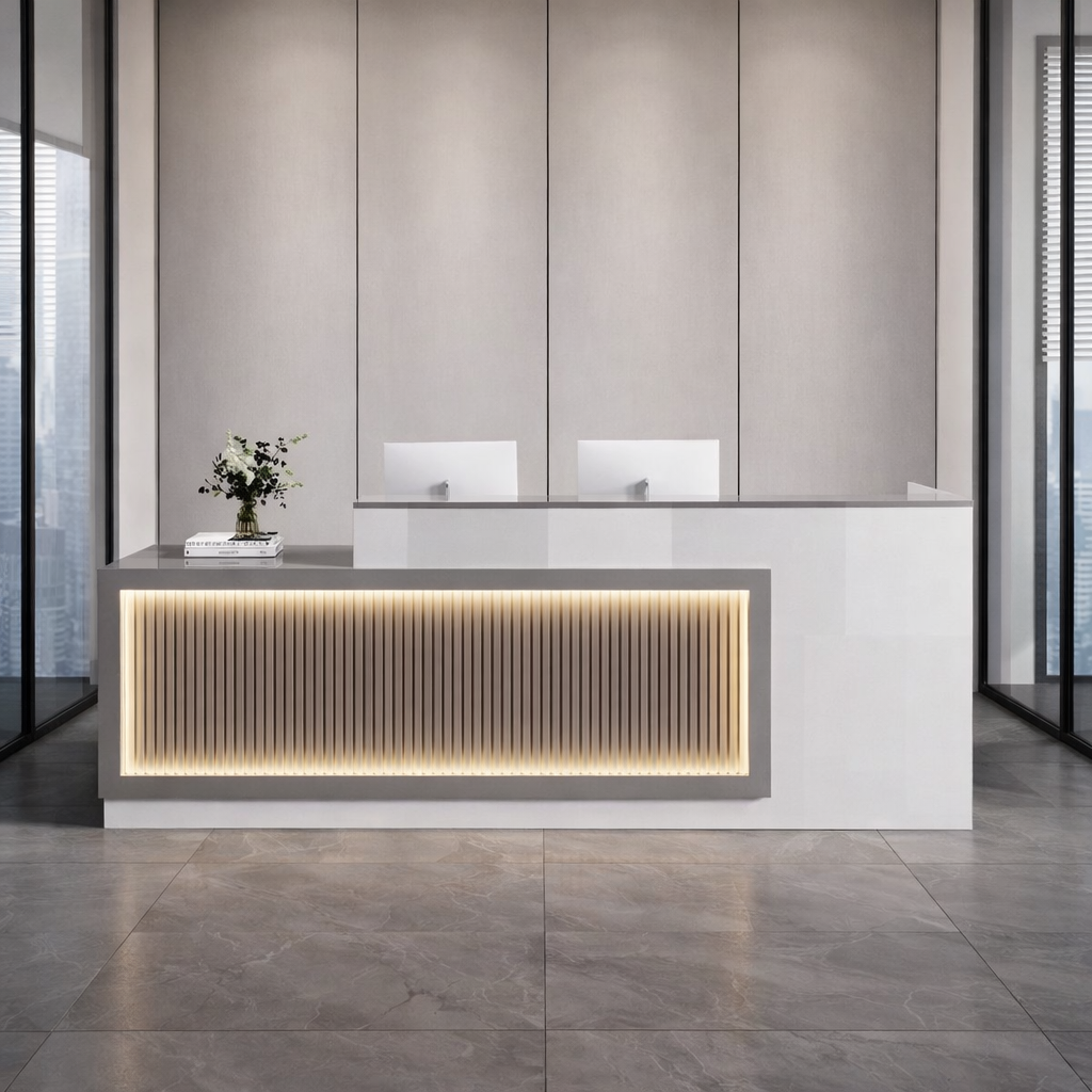 Modern Reception Table with Vertical LED Fluted Panel, Dual Counter Design & Premium Finish for Corporate Offices and Commercial Interiors