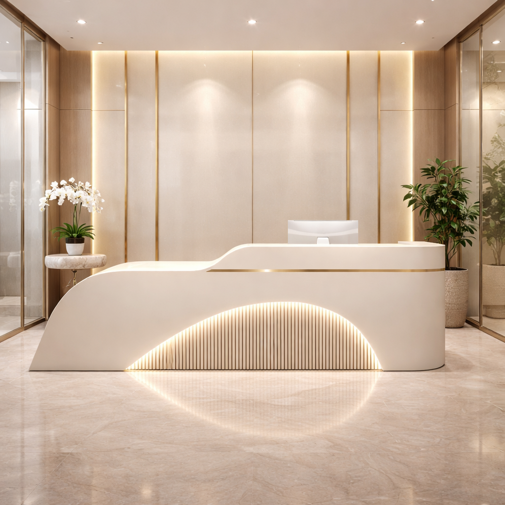 Luxury Curved Reception Table with Integrated LED Lighting, Premium Solid Surface Finish, Modern Front Desk for Office