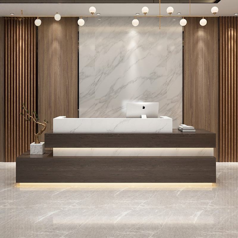 Luxury Reception Table with Marble Finish Top, Wooden Base and Integrated Storage, Premium Front Desk for Corporate Office,