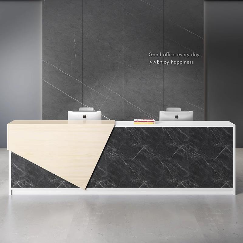 Modern Reception Table with Dual Workstations, Open Storage Shelves and Integrated Drawer Unit for Corporate Office