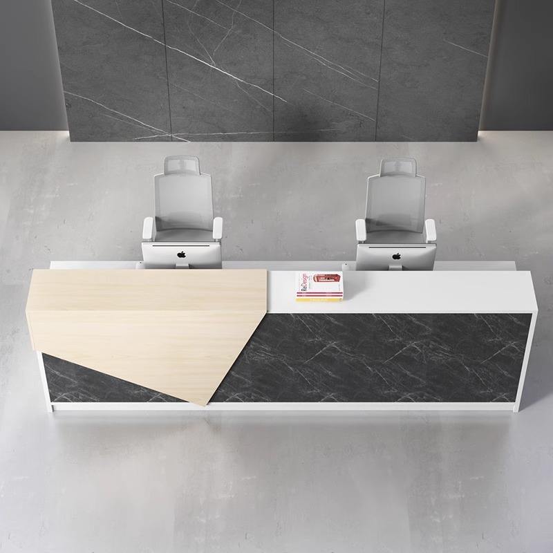 Modern Reception Table with Dual Workstations, Open Storage Shelves and Integrated Drawer Unit for Corporate Office