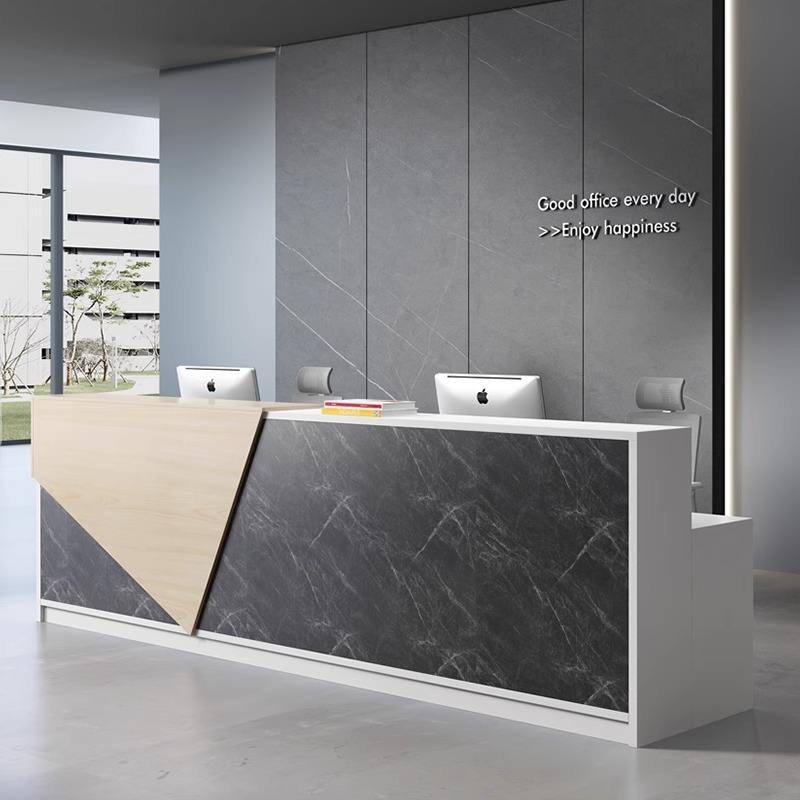 Modern Reception Table with Dual Workstations, Open Storage Shelves and Integrated Drawer Unit for Corporate Office