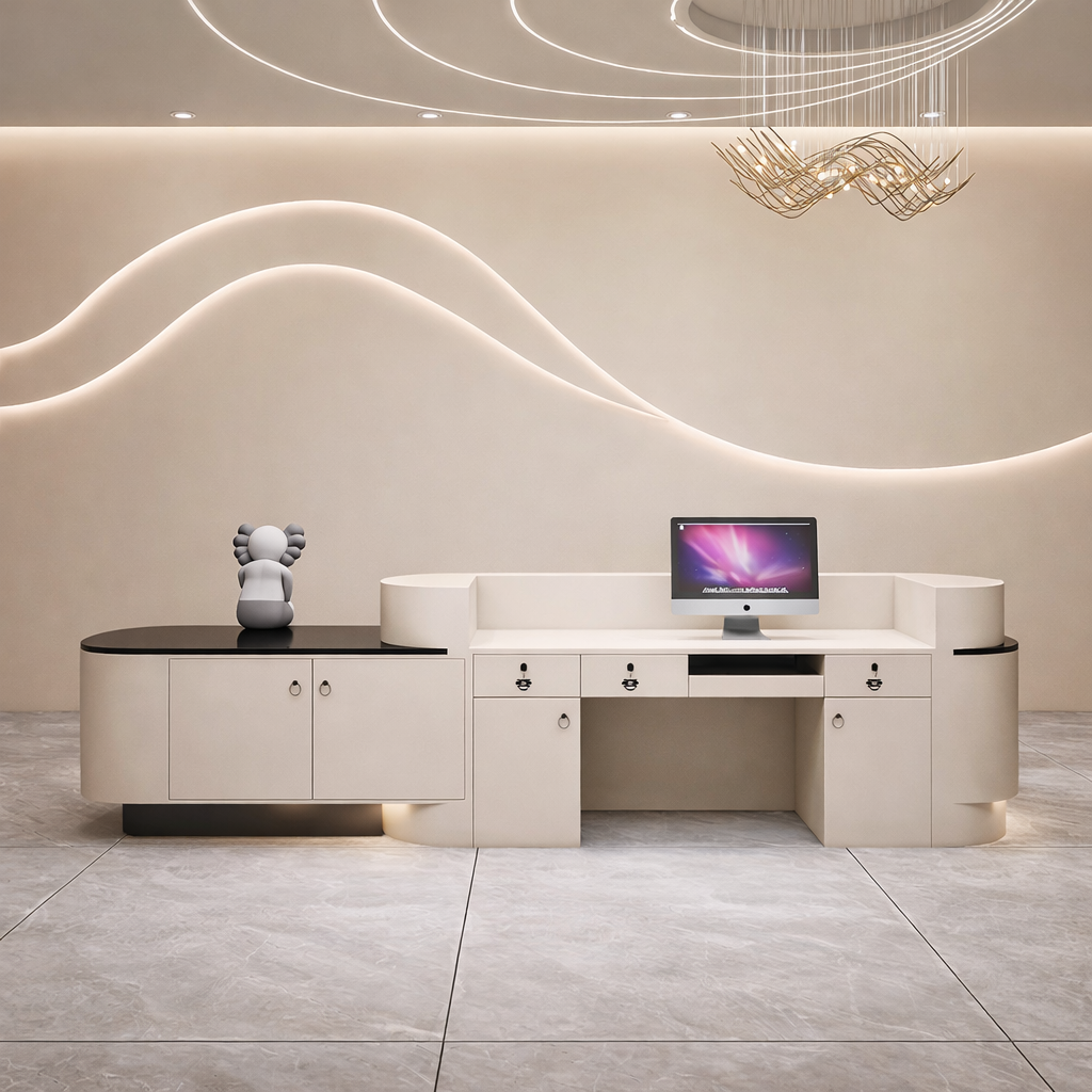 Luxury Curved Reception Table with Integrated Storage Cabinets and Drawers, Premium Front Desk for Corporate Reception Areas