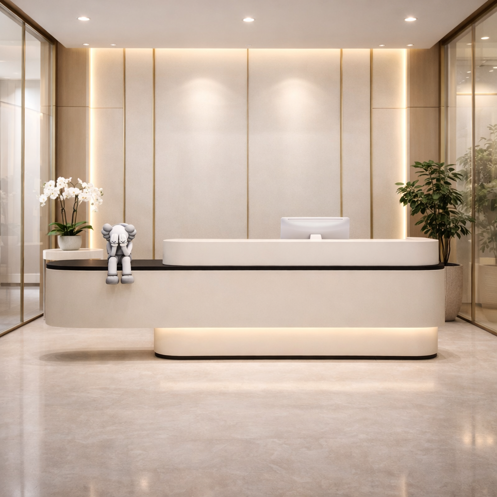 অফিসের জন্য বিলাসবহুল আধুনিক কাউন্টারের জন্য অভ্যর্থনা টেবিল মার্বেল প্যাটার্ন এবং প্রশস্ত স্টোরেজ এবং দুই ব্যক্তির আসন সহ MDF দিয়ে তৈরি স্টাইলিশ ডিজাইন - সাদা