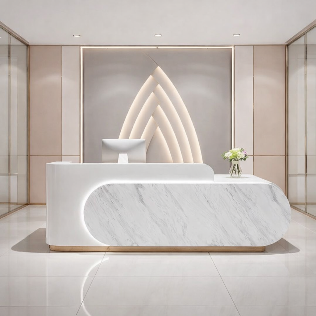 Luxury Curved Marble Reception Table with Integrated LED Lighting for Premium Office & Corporate Spaces