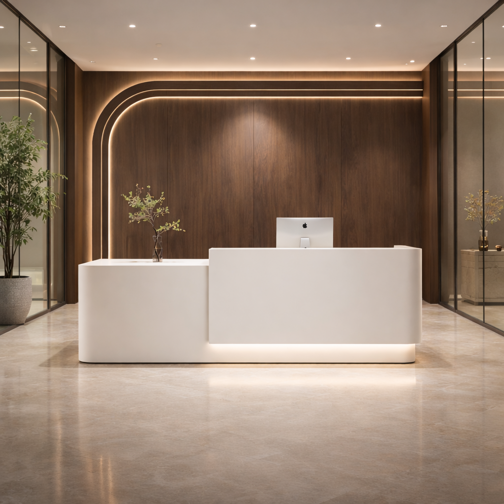 Luxury Curved Office Reception Table with Seamless Solid Surface Finish, Soft LED Base Lighting, Modern Minimalist Corporate Design