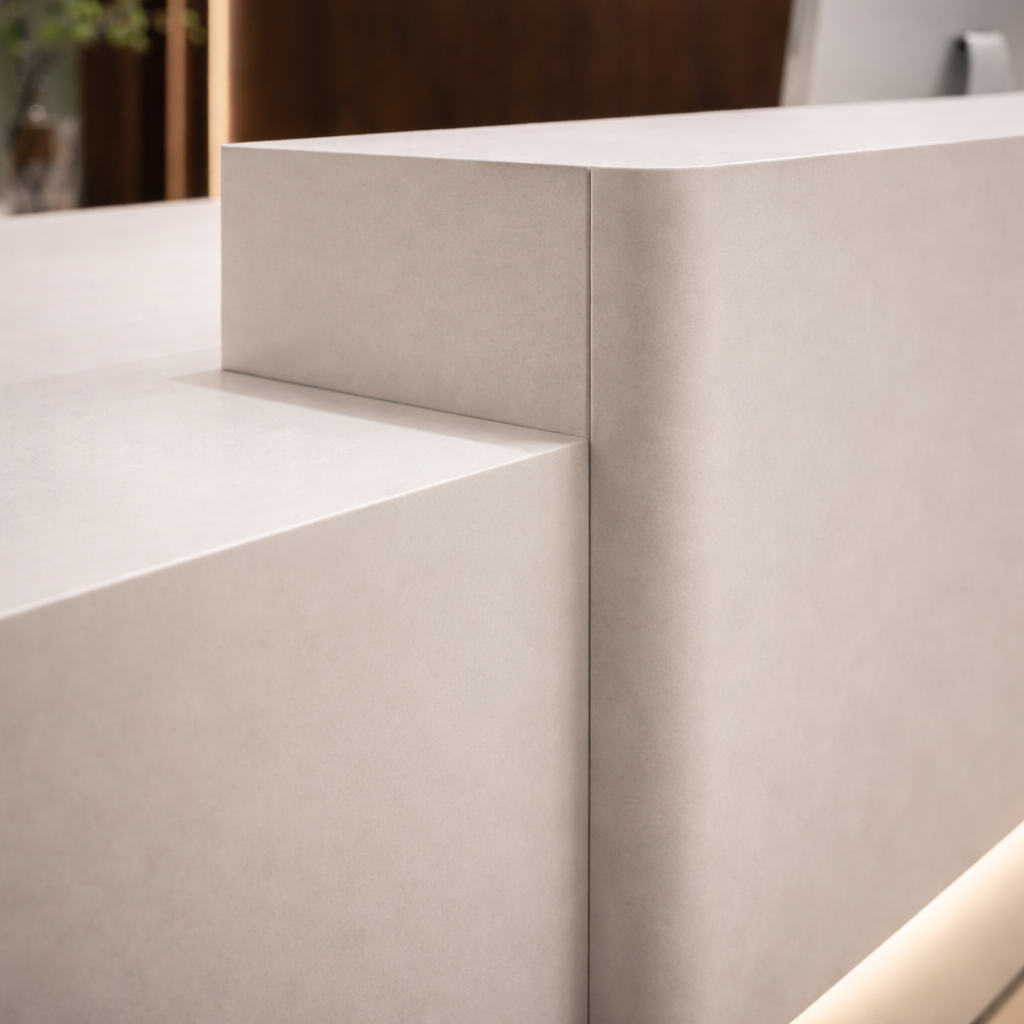 Luxury Curved Office Reception Table with Seamless Solid Surface Finish, Soft LED Base Lighting, Modern Minimalist Corporate Design