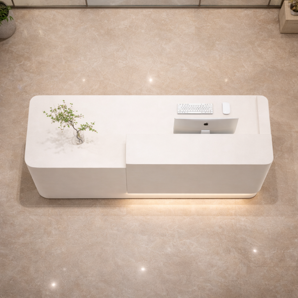 Luxury Curved Office Reception Table with Seamless Solid Surface Finish, Soft LED Base Lighting, Modern Minimalist Corporate Design