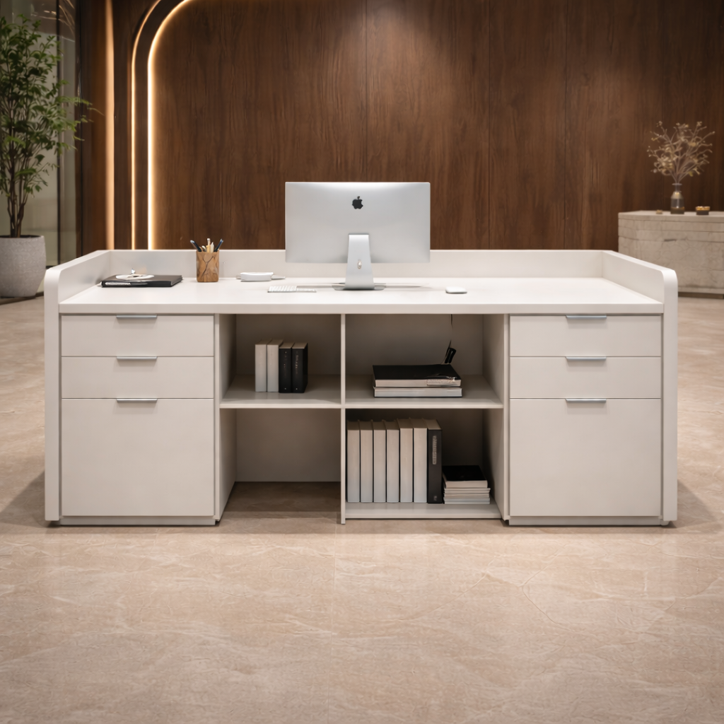 Luxury Curved Office Reception Table with Seamless Solid Surface Finish, Soft LED Base Lighting, Modern Minimalist Corporate Design