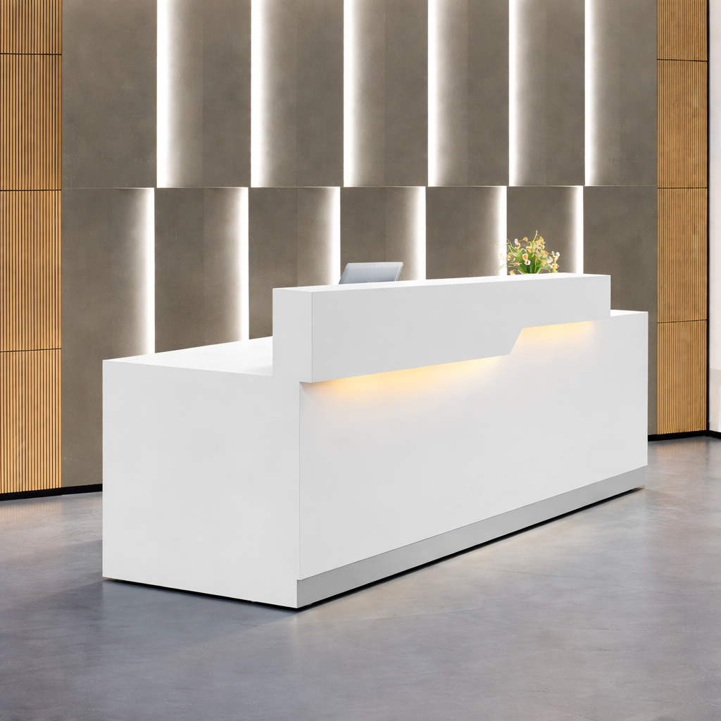 Modern White Reception Table with LED Lighting, Minimalist Premium Office Reception Desk for Corporate, Commercial, Business Spaces