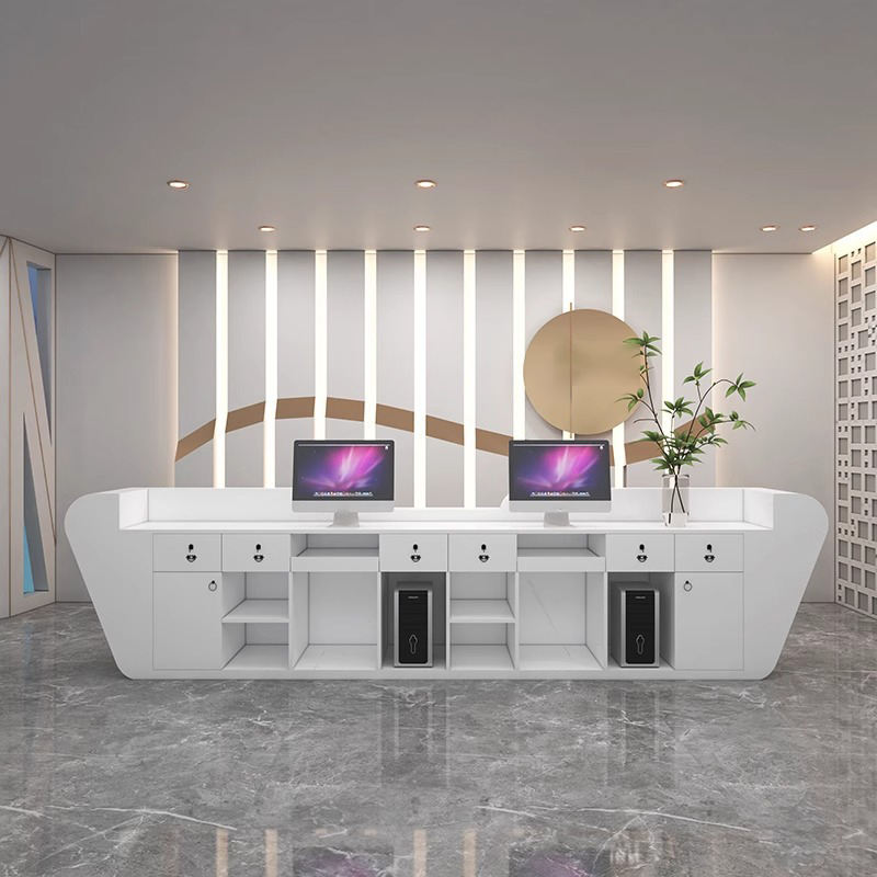 Luxury Modern Dual Reception Table with LED Branding Panel and Premium Curved Office Reception Desk for Corporate, IT & Commercial Spaces