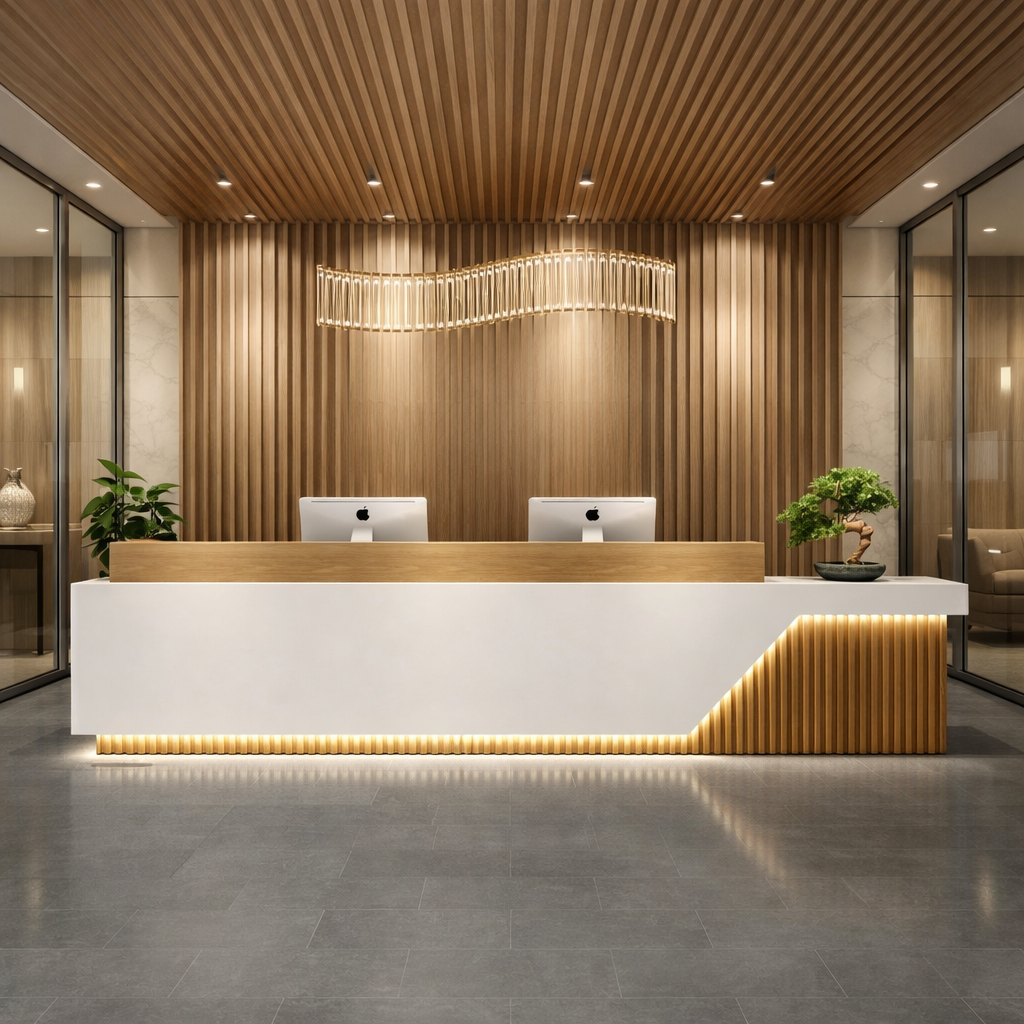 Modern Wooden Reception Table with LED Lighting and Premium Dual Workstation Office Reception Desk for Corporate Office