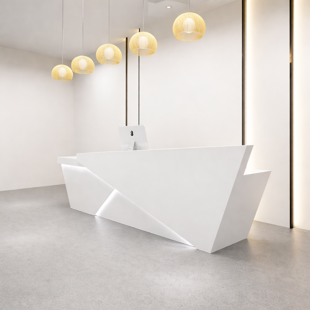 Modern Geometric White Reception Desk with LED Base Light, Contemporary Office Front Desk Counter, Luxury Commercial Lobby Reception Table for Corporate