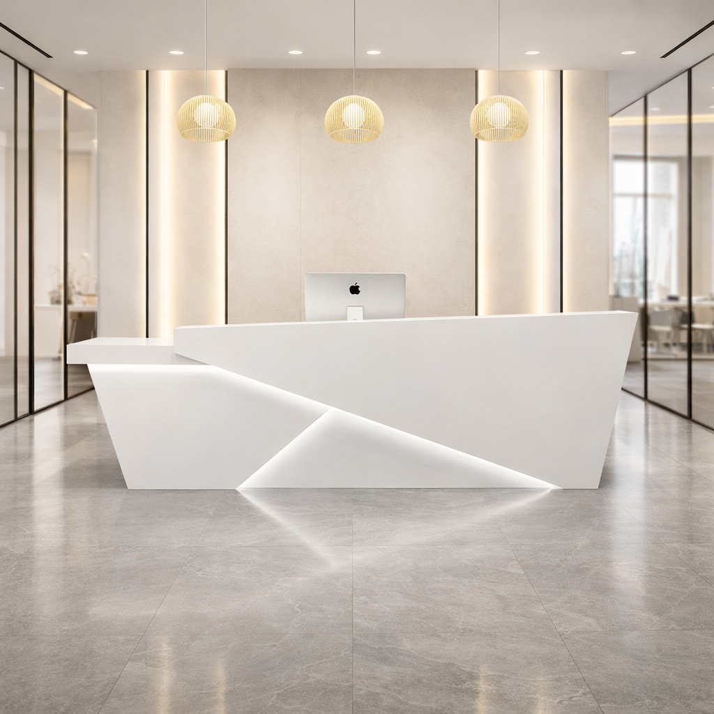 Modern Geometric White Reception Desk with LED Base Light, Contemporary Office Front Desk Counter, Luxury Commercial Lobby Reception Table for Corporate
