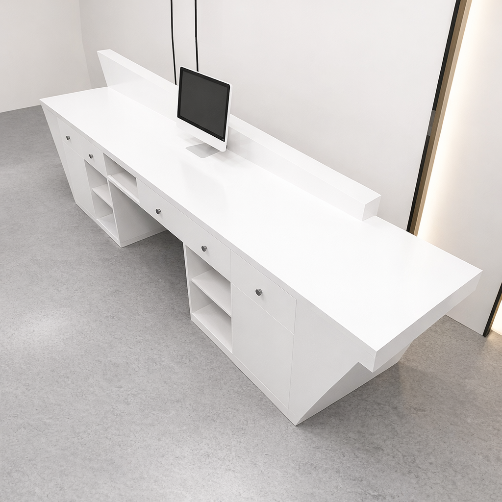Modern Geometric White Reception Desk with LED Base Light, Contemporary Office Front Desk Counter, Luxury Commercial Lobby Reception Table for Corporate