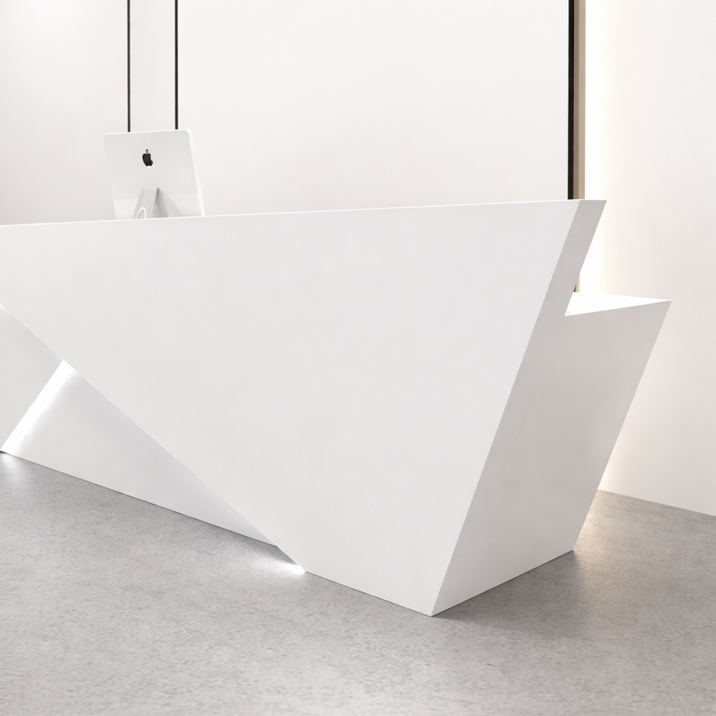 Modern Geometric White Reception Desk with LED Base Light, Contemporary Office Front Desk Counter, Luxury Commercial Lobby Reception Table for Corporate