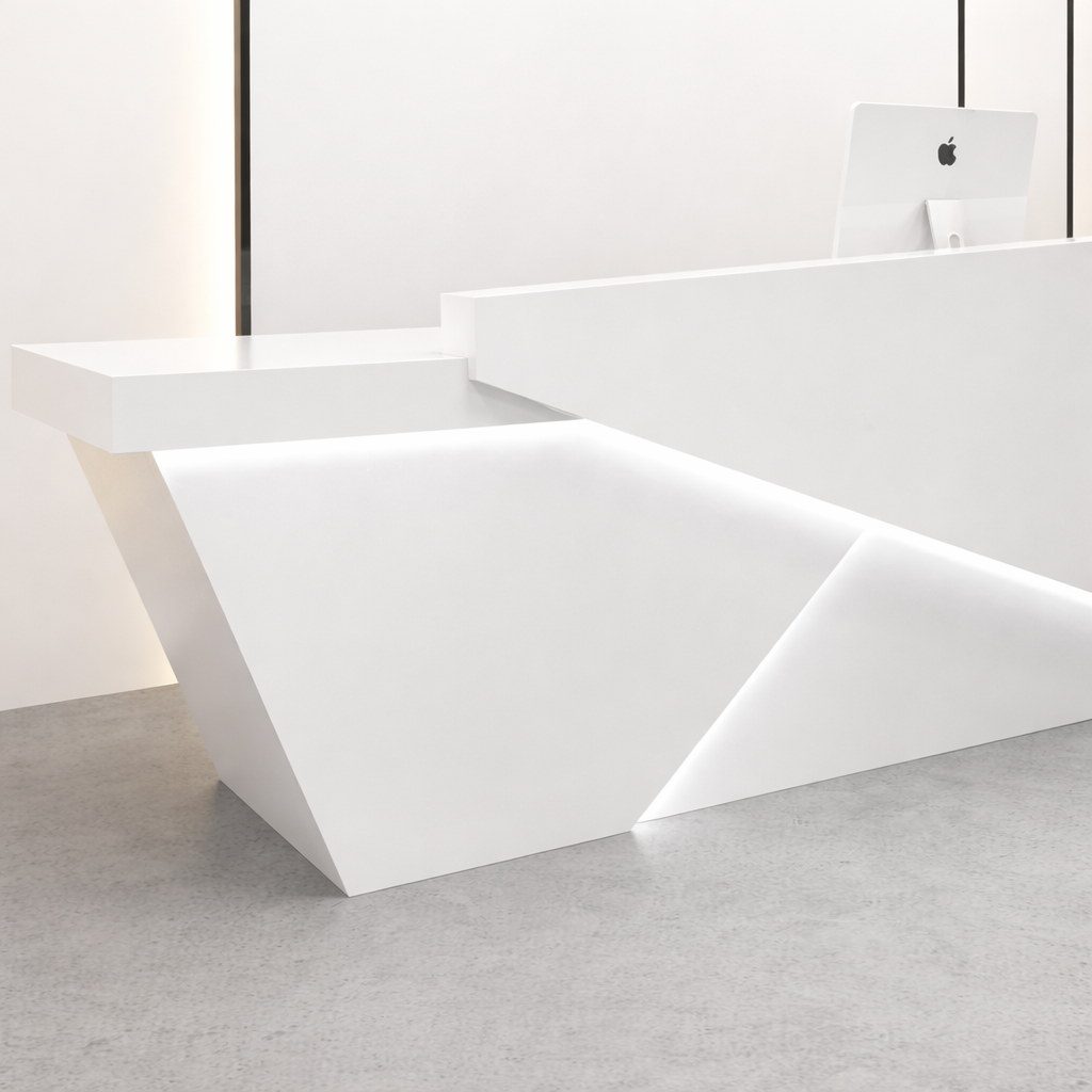 Modern Geometric White Reception Desk with LED Base Light, Contemporary Office Front Desk Counter, Luxury Commercial Lobby Reception Table for Corporate