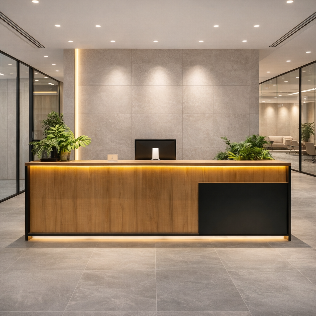 Modern Wooden Reception Desk with LED Strip Light, Contemporary Office Front Desk Counter, Luxury Commercial Lobby Reception Table for Corporate
