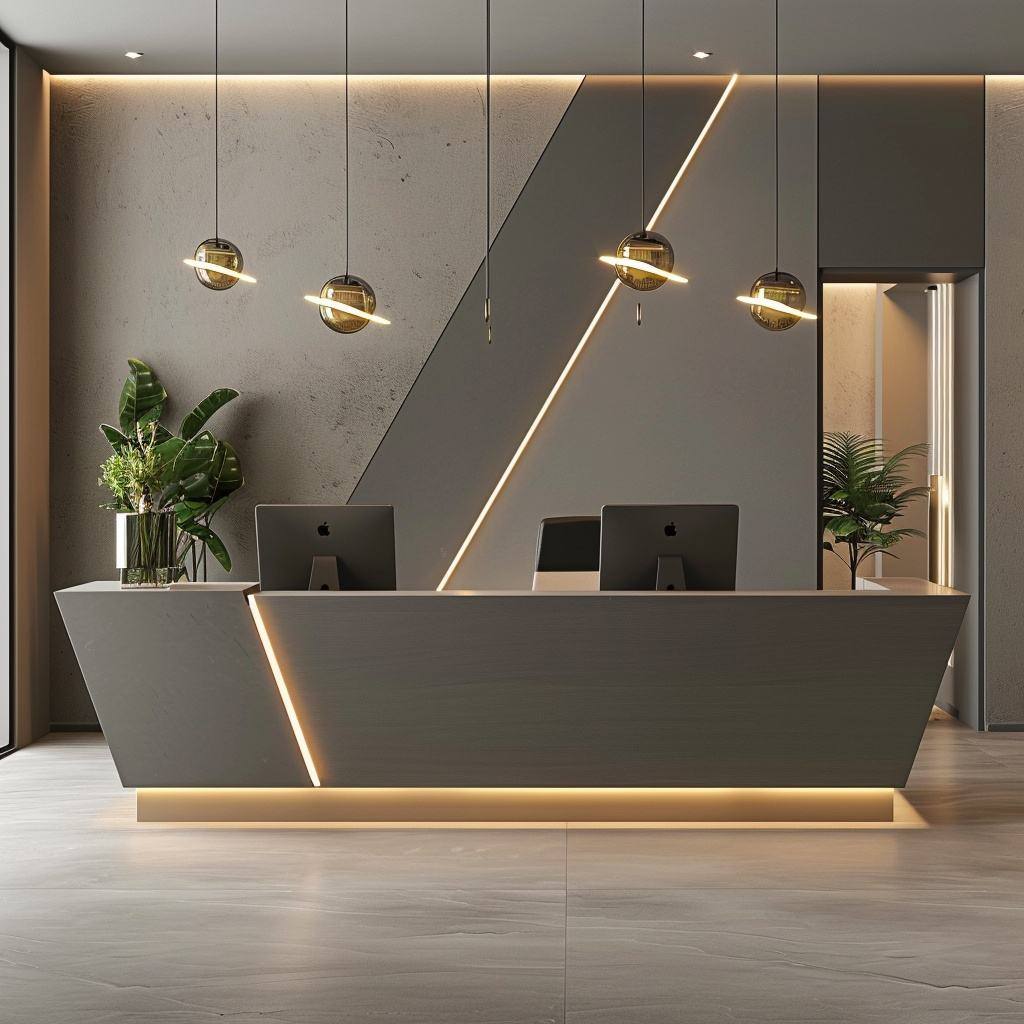 Modern LED Reception Table for Office Lobby, Geometric Designer Front Desk Counter For Corporate Office