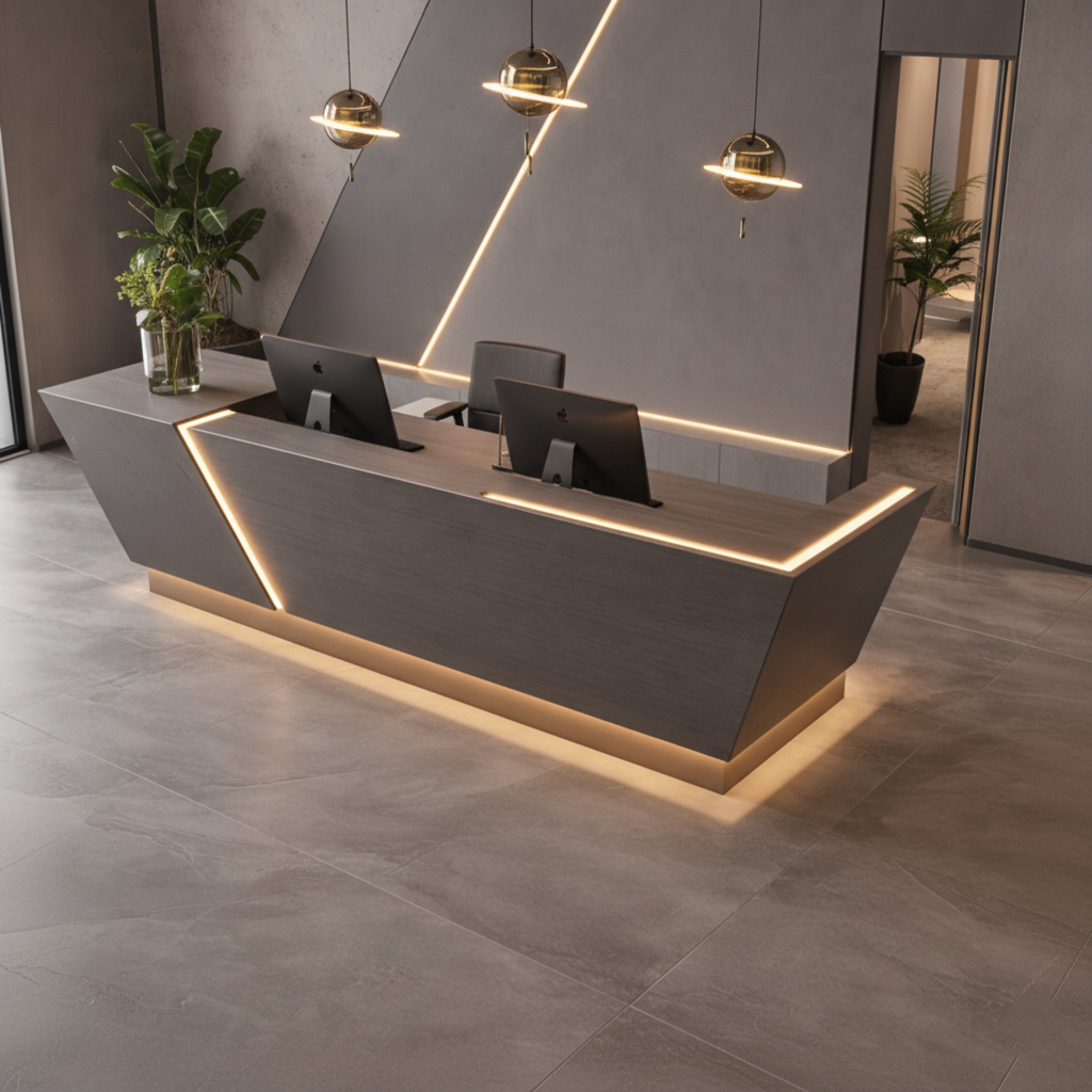 Modern LED Reception Table for Office Lobby, Geometric Designer Front Desk Counter For Corporate Office