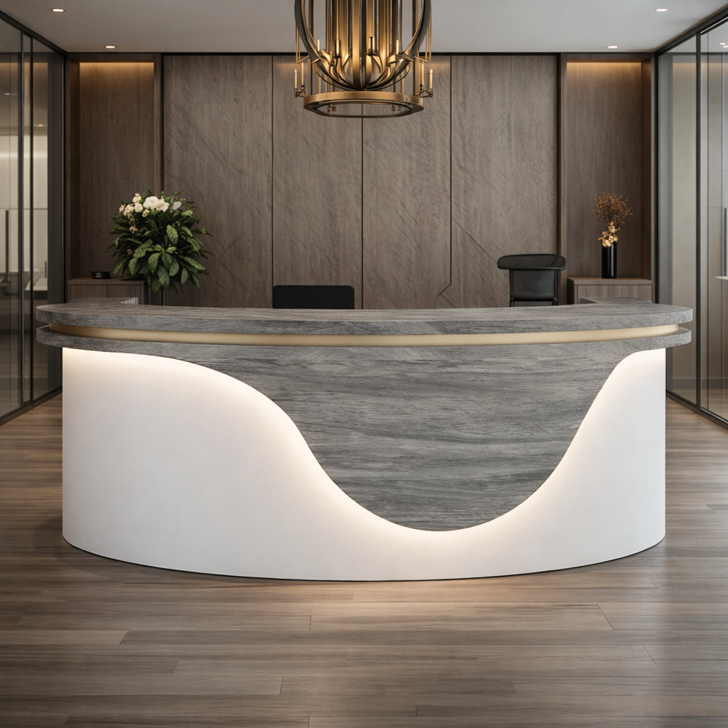 Curved Unique Reception Table For Office Furniture  with LED Panel with Premium Quality and Storage for Corporate Lobby Reception Desk
