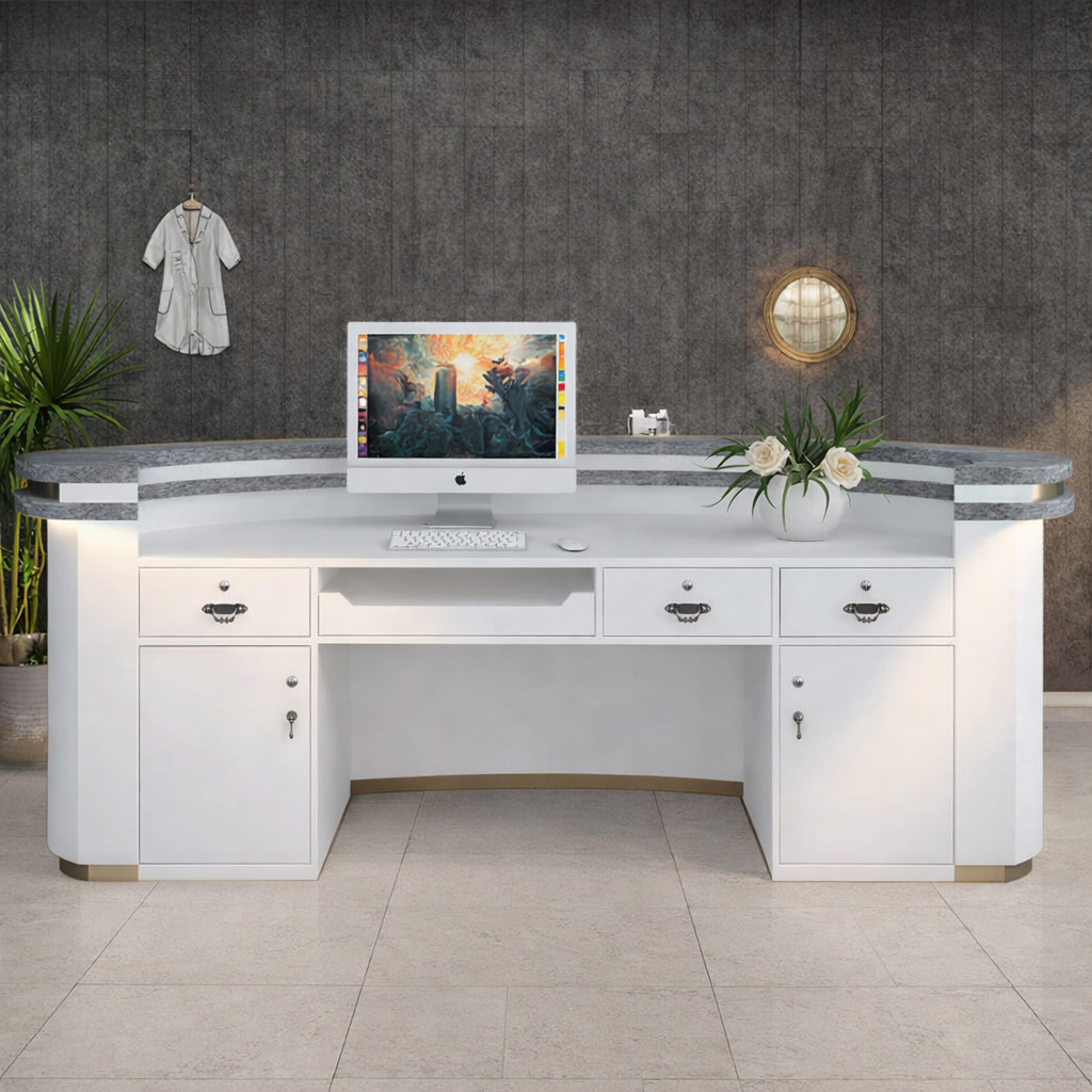 Curved Unique Reception Table For Office Furniture  with LED Panel with Premium Quality and Storage for Corporate Lobby Reception Desk