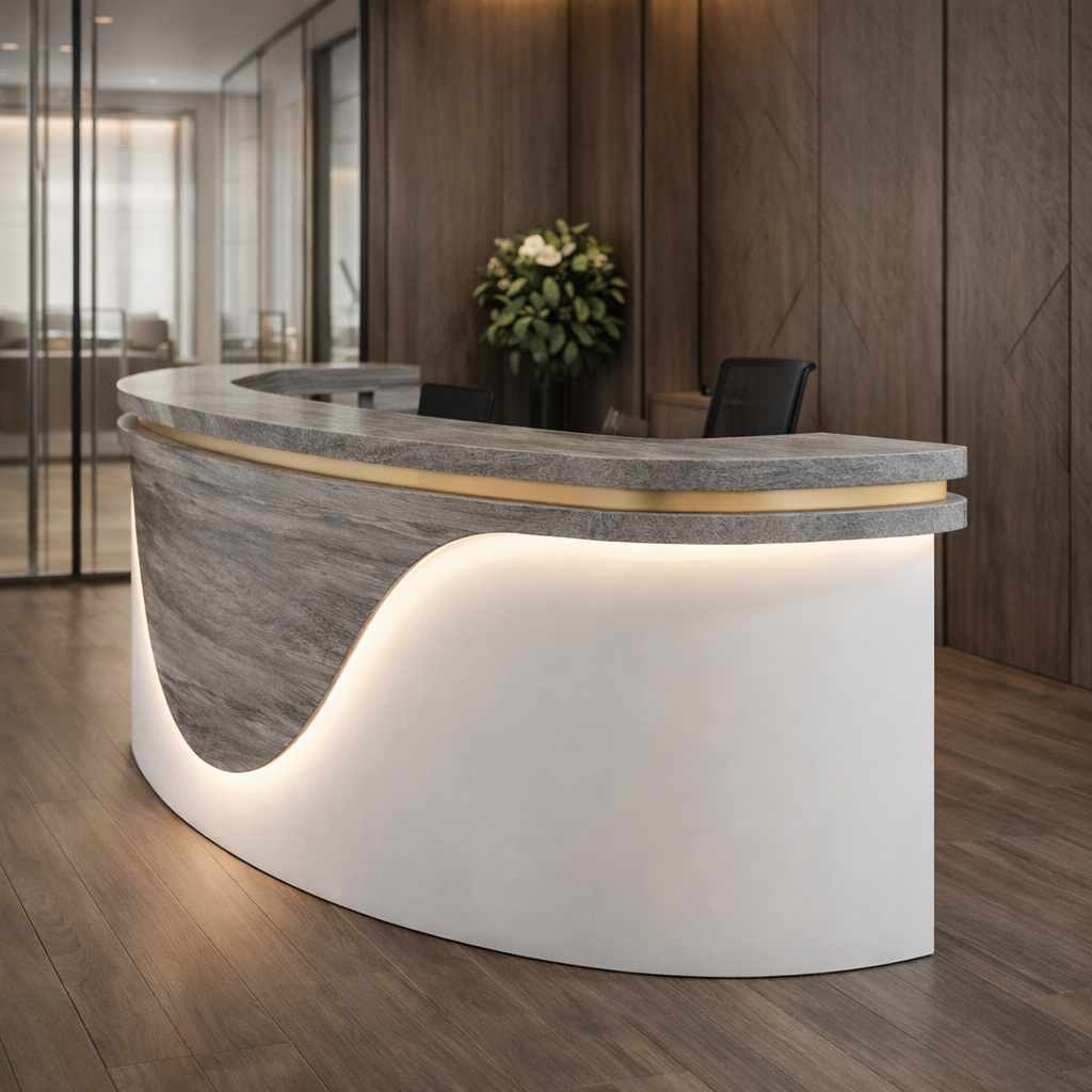 Curved Unique Reception Table For Office Furniture  with LED Panel with Premium Quality and Storage for Corporate Lobby Reception Desk