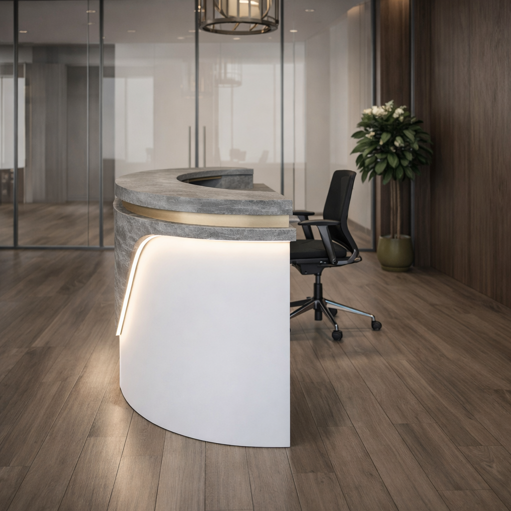 Curved Unique Reception Table For Office Furniture  with LED Panel with Premium Quality and Storage for Corporate Lobby Reception Desk