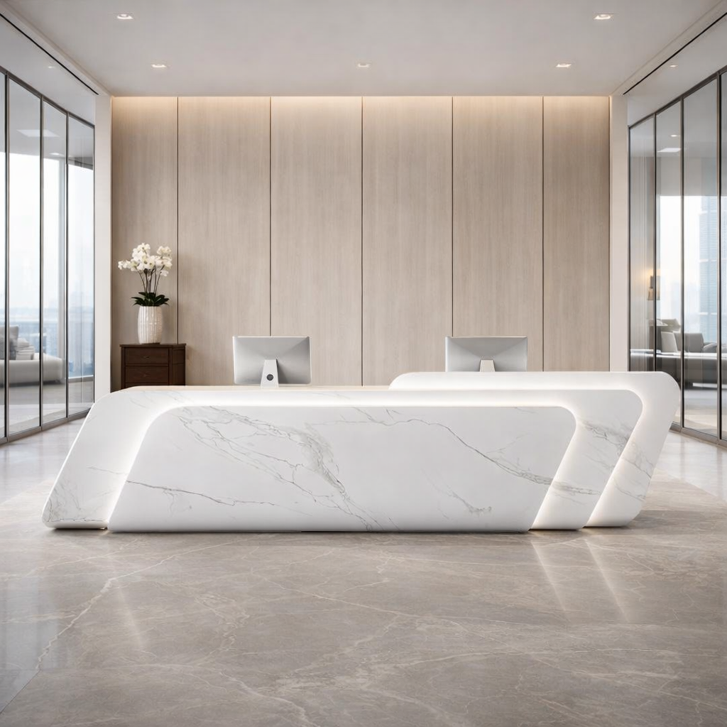 Modern White Marble Reception Desk for Office, Luxury Curved Front Reception Counter Table with LED Panel Design for Corporate Office,