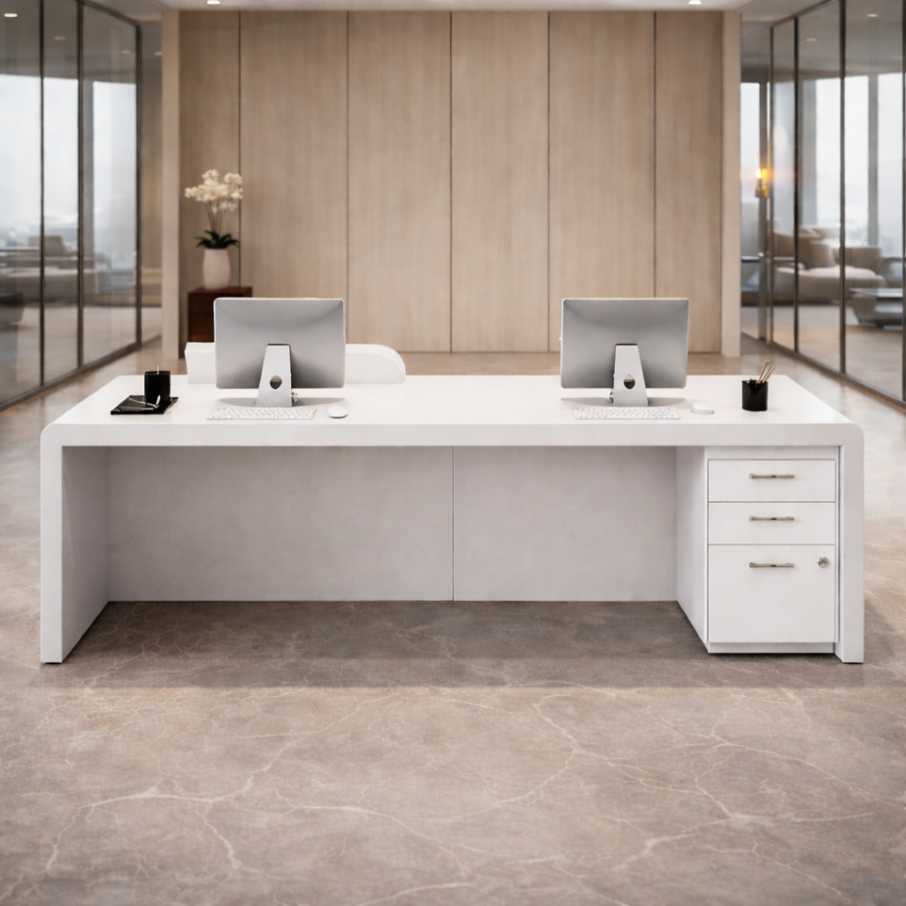 Modern White Marble Reception Desk for Office, Luxury Curved Front Reception Counter Table with LED Panel Design for Corporate Office,