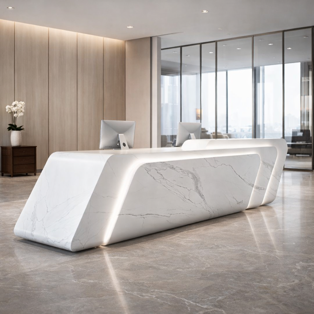 Modern White Marble Reception Desk for Office, Luxury Curved Front Reception Counter Table with LED Panel Design for Corporate Office,