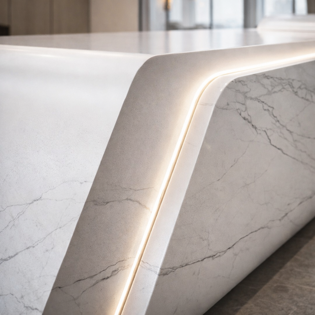 Modern White Marble Reception Desk for Office, Luxury Curved Front Reception Counter Table with LED Panel Design for Corporate Office,